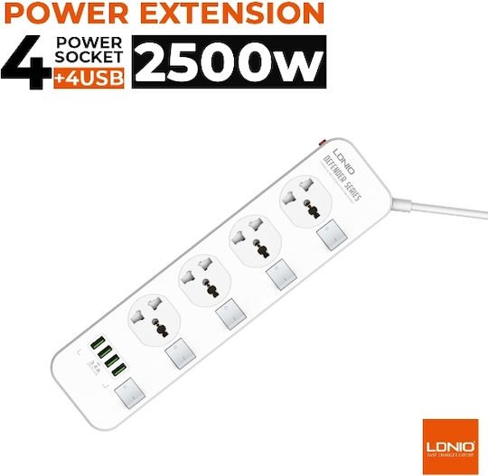 Ldnio SS4408 Πολύπριζο Ασφαλείας 4 Θέσεων με 4 USB-A, Διακόπτη και Καλώδιο 2m