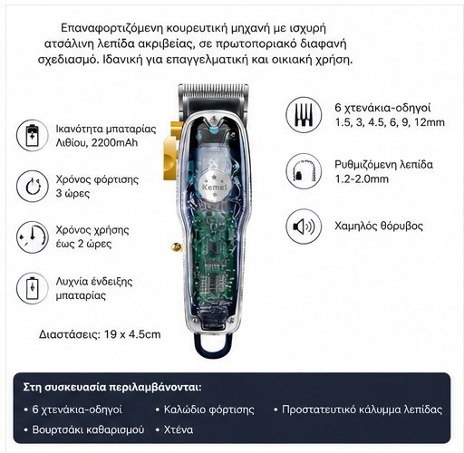 Kemei Επαναφορτιζόμενη Κουρευτική Μηχανή Μωβ KM-2706PG