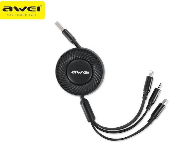 Awei CL-136 Flat / Retractable USB to Lightning / Type-C / micro USB Cable Μαύρο 1m