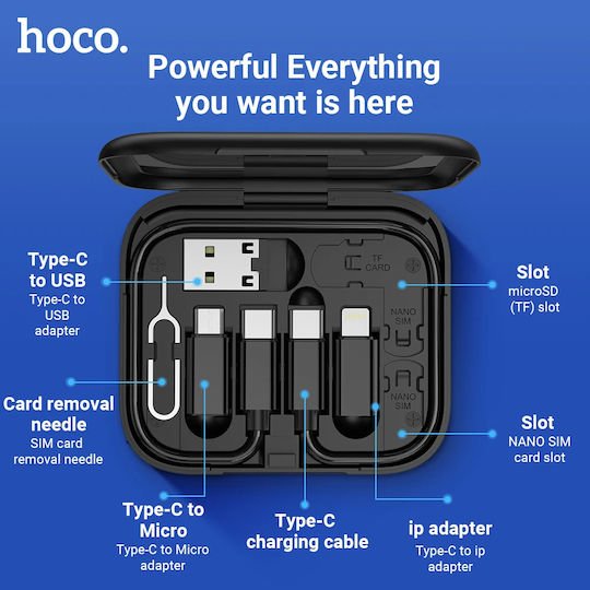Hoco Regular USB to Lightning / Type-C / micro USB Cable 3A Μαύρο 0.28m (U114) - Image 3