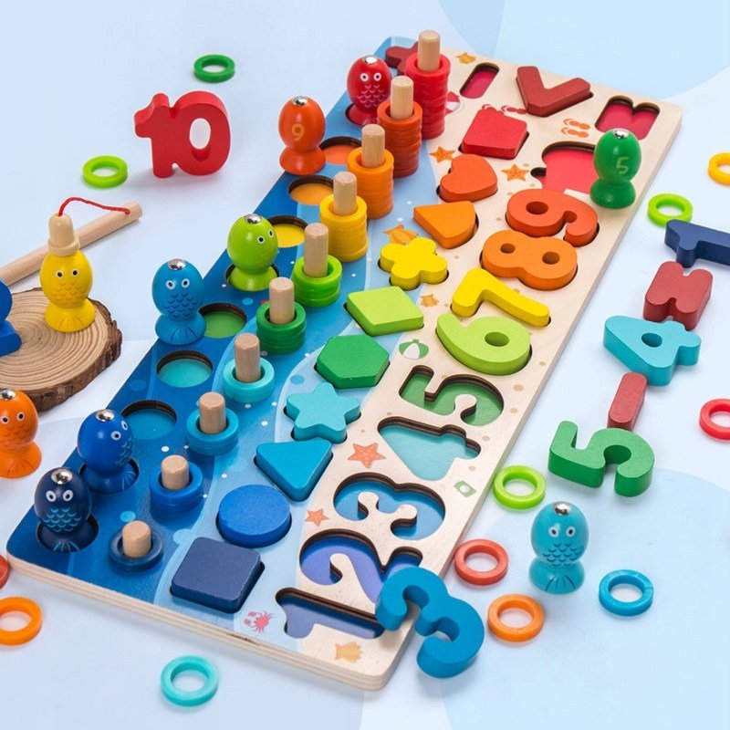Ξύλινο εκπαιδευτικό παιχνίδι Montessori 5 σε 1 με αριθμούς και σχήματα