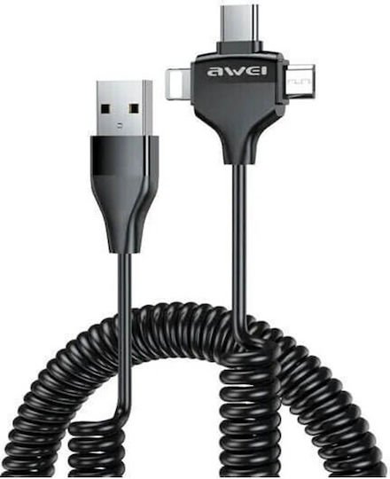 Awei CL-205 Spiral USB to Lightning / Type-C / micro USB Cable 2.4A Μαύρο 1.5m (TS04187)