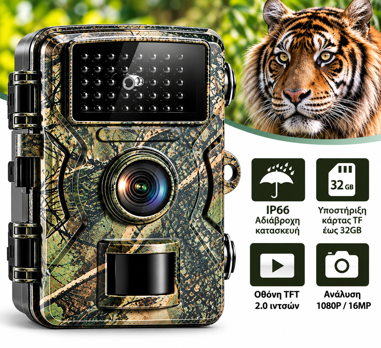 Υπέρυθρη κάμερα κυνηγιού 16MP Full HD με νυχτερινή λήψη και οθόνη 2 ιντσών